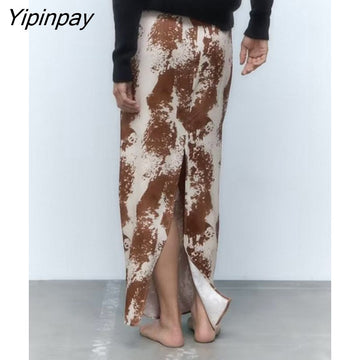 Yipinpay 2023 Ladies Printed Straight Skirts Spring Autumn High Waist Back Split Skirt Female Zipper Midi Pencil Skirt